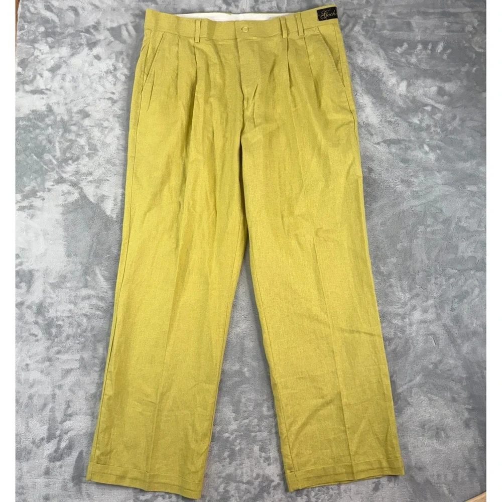 Vintage Gochu Dress Pants Mens 40x33 Mustard Yellow Linen Blend Pleated Pant NEW